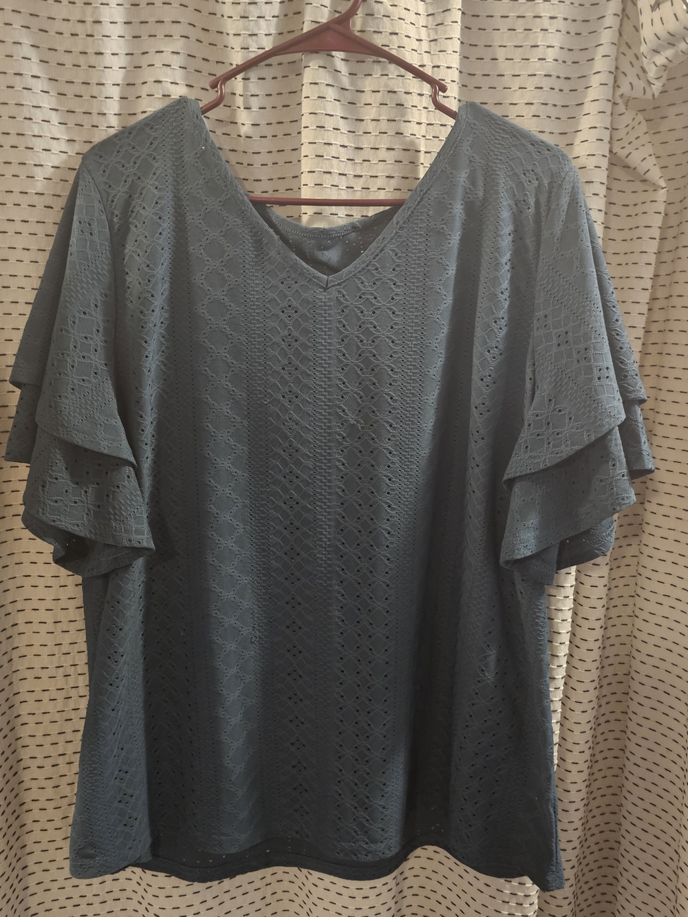 Source Unknown Teal Eyelet V-Neck Flutter Sleeve Top